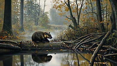 Beaver constructing a dam in a calm woodland stream, surrounded by