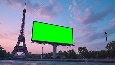 Green Screen Billboard Mockup in Paris at Sunrise with Eiffel Tower View