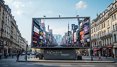 Vibrant City Street with Large Billboard Displaying Bright Cityscape