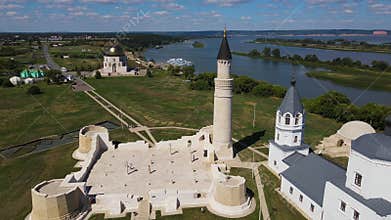 aerial view of ancient Bolgar ruins and minaret in Tatarstan