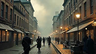 Foggy Victorian Street Scene with People in Historical Attire