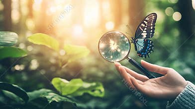 Woman's hand holds magnifying glass, butterfly, forest