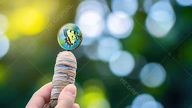 Hand holds magnifying glass, butterfly closeup, bokeh background, nature study