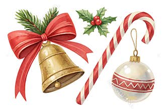3d Christmas clip art. Set of design elements, isolated on white background. Golden bell, paper bow, red ribbon, candy cane, glass