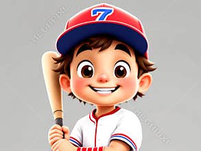 Young boy is holding a baseball bat and wearing a red and blue baseball cap