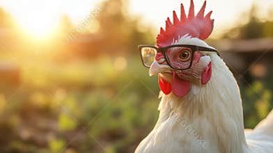 Chicken wearing glasses in sunlight, humorous fashion concept