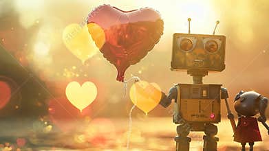 A robot holding a red balloon in front of a robot