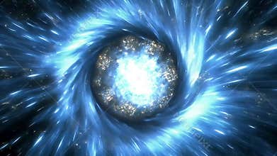 Swirling cosmic vortex of blue light and bright center, creating a space-time portal effect