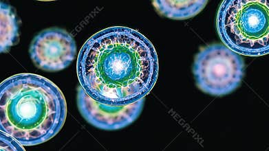 Microscopic Bacteria with Glowing Cell Structures