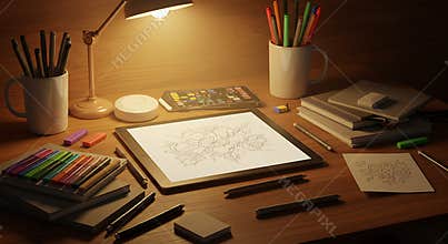 Drawing on Digital Tablet Workspace with Sketch Pencils and Lamp