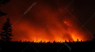 Dramatic Forest Fire at Night Illuminated by Fiery Flames and Starry Sky