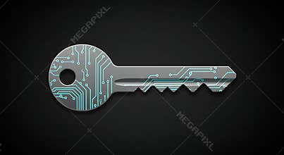 Digital Key with Circuit Board Design on Black Background for Technology Concept