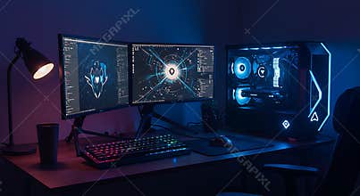 Gaming Computer Setup with Dual Monitors and Rgb Lighting on Desk