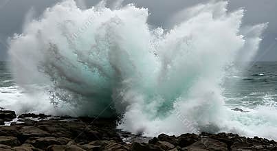 Ocean Wave Crashing Against Rocky Shore on a Cloudy Day