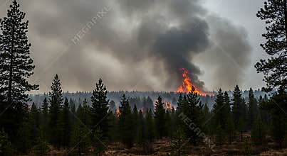 Forest Fire Burning with Thick Smoke Plumes Over Green Trees