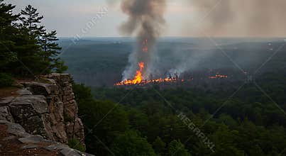 Forest Fire Burning Wildly Across Trees Creating Smoke Plumes in Landscape