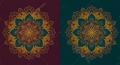 Ornamental Mandala Design Illustration in Red and Teal Backgrounds with Gold
