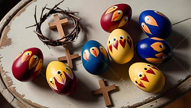 Easter paint eggs , cross and crown of throne