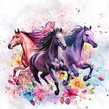 Detailed illustration of wild horses in a meadow, presented in a watercolor clipart style