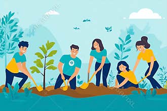 A group of young volunteers are planting a tree using shovels for environmental conservation in a light blue background