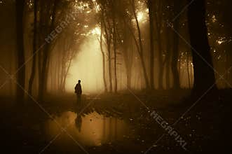 Silhouette of man standing near a pond in a dark creepy forest with fog in autumn