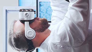 Scientific laboratory filled with various research equipment. Scientists are conducting experiments and research. Science and