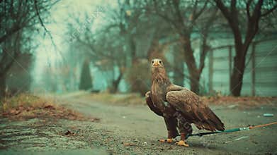 wild tamed bird huge white-tailed eagle walks along road on leash, lace tied to its leg. Beautiful brown feathers on