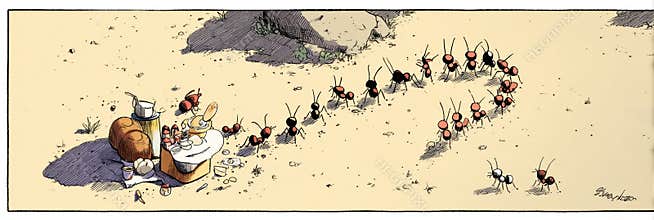 Ants in a Fun Comic Style March Toward a Picnic Spread in a Sunny Outdoor Setting Packed With Food and Treats Generative