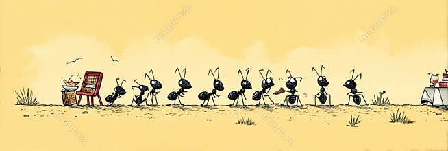 Ants in a Comic Style March Toward a Picnic Spread With Food and Fun in a Bright Outdoor Setting Generative AI