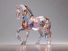 A vibrant, three-dimensional artwork of a moving horse, rendered with detailed muscles and joints, showcasing an iridescent effect