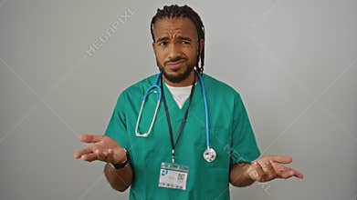 African american man in doctor uniform wearing a clueless and confused expression of doubt over isolated white background