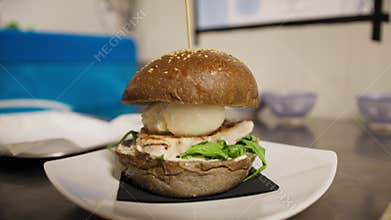 Final Result Of The Preparation Of A Gourmet Burger With Grilled Swordfish