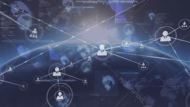 Network visualizing Earth curve, linking user-avatar icons with floating data charts in flat design