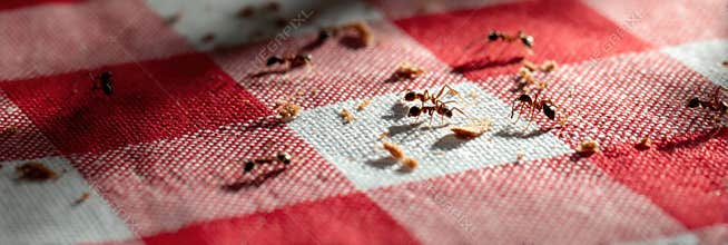 Trail of Ants Gathering Food Crumbs on a Red and White Picnic Cloth During a Sunny Afternoon Outdoors Generative AI