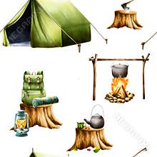 Seamless pattern with campfire, hiking and camping backpack, rolled up blanket and sleeping bag in green camping tent