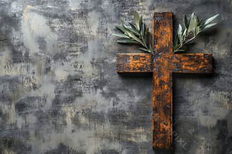 The image of a wooden cross with an olive branch embodies the concepts of faith and hope