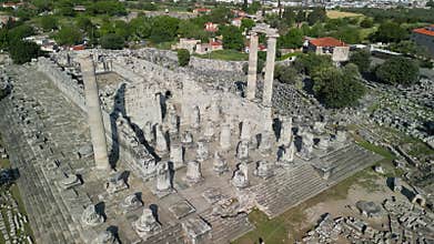Curved aerial view of Apollo Temple ruins in Didyma, Turkiye