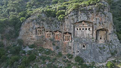 Ancient Lycian rock tombs carved in cliffs near Dalyan, Turkiye