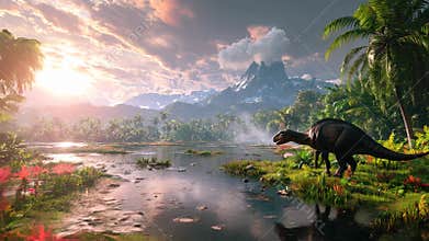 Dinosaur in tropical forest of Jurassic era, prehistoric animal in jungle near river at sunset