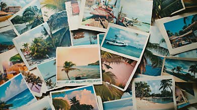 Collection of Sunny Tropical Beach Postcards with Palm Trees and Blue Waters.