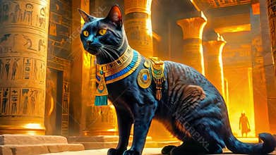 Golden Egyptian magical divine cat, cat in the temple of the Egyptian goddess Bastet