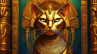 Golden Egyptian magical divine cat, cat in the temple of the Egyptian goddess Bastet