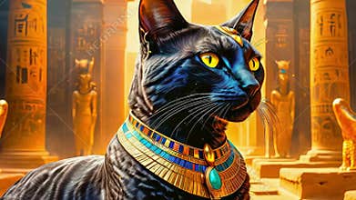 Golden Egyptian magical divine cat, cat in the temple of the Egyptian goddess Bastet