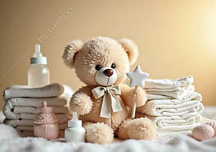 Adorable Teddy Bear with Baby Essentials on a Cozy Bed