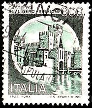 Italian 600 Lire stamp of Castello Scaligero, Sirmione, Lake Garda.