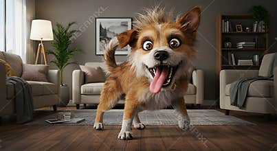 Realistic illustration of a crazy, energetic dog inside a cozy living room. Generative AI