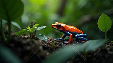 Brilliant Rainforest Jewel: Close-Up of Red and Blue Poison Dart Frog Amidst Verdant Foliage