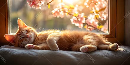 Sunbathing Cat on Windowsill with Cherry Blossoms in Spring Light