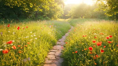 Stone Path Through a Lush Meadow with Red Poppies and Sunlight Through Trees