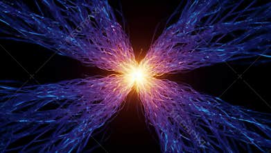 Abstract Glowing Light Burst with Cyan and Purple Lines on Black Background